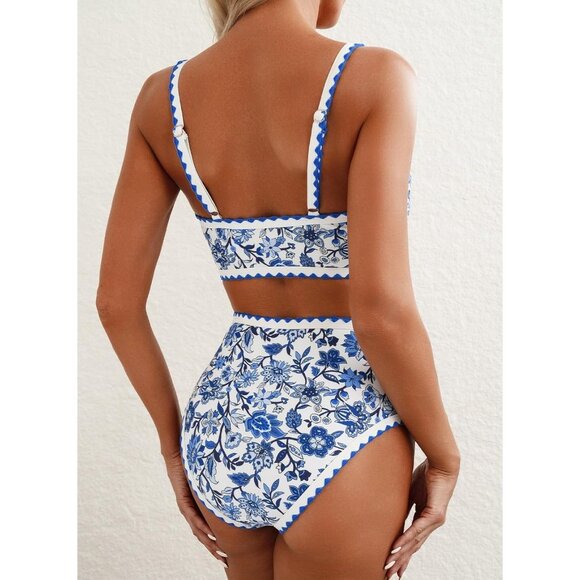 Women Blue White Ribbed High Waist Two Piece Bikini Set Padded Swimwear Summer - Picture 2 of 5